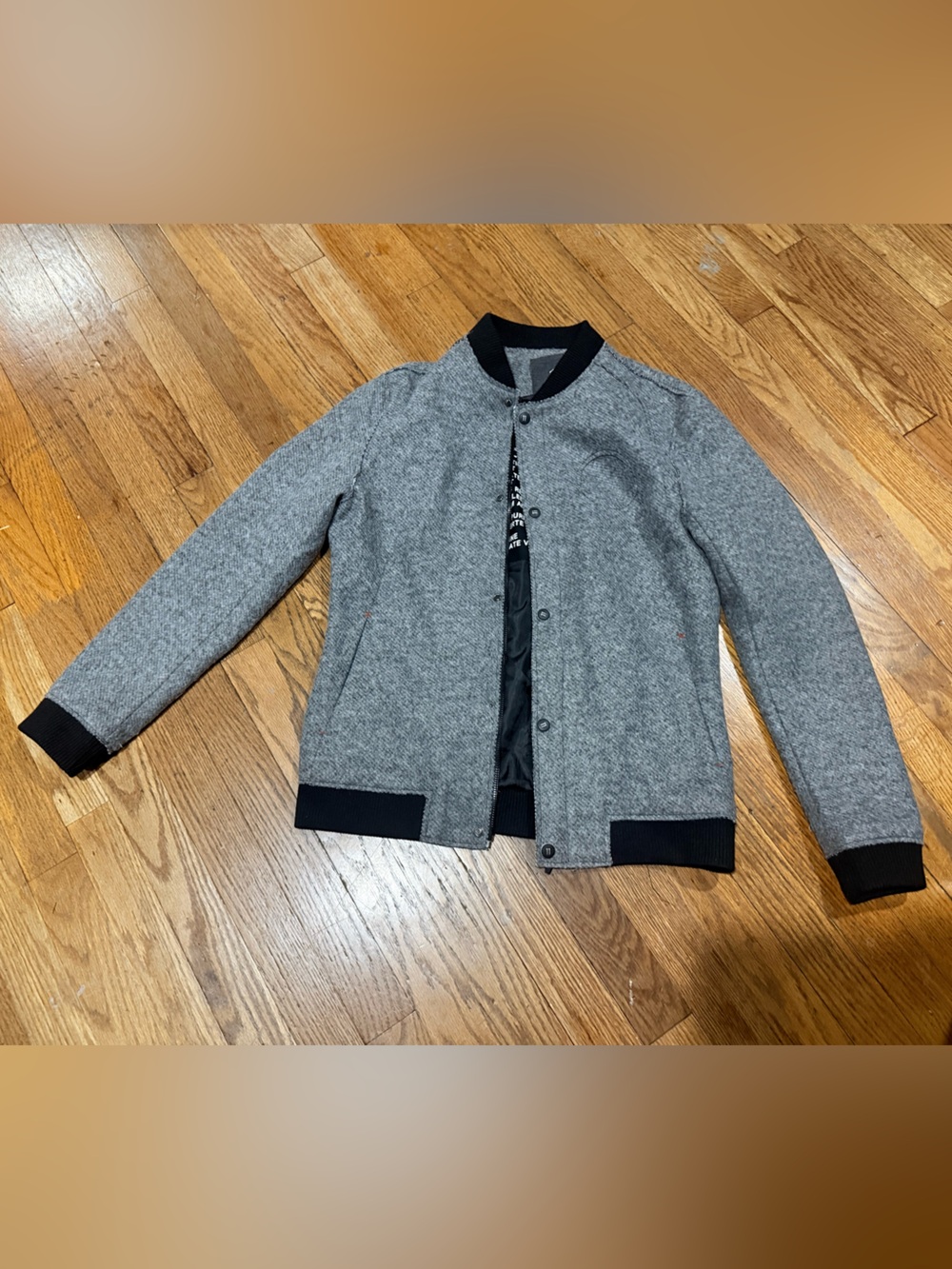 Grey Bomber Jacket with Black Trim size XL Waist flat
